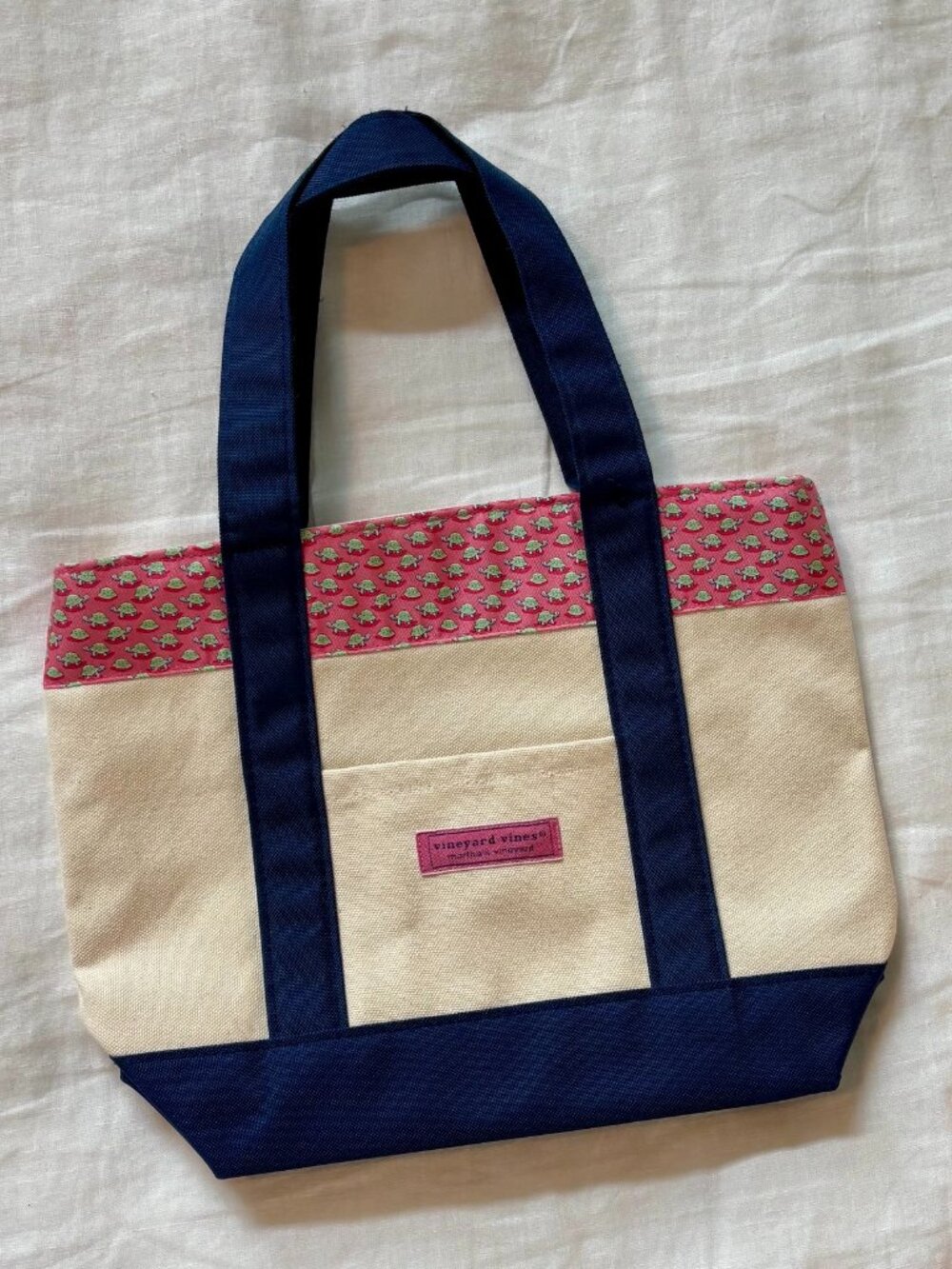 Vineyard Vines Pink, Navy and Cream Canvas Tote - Turtles!